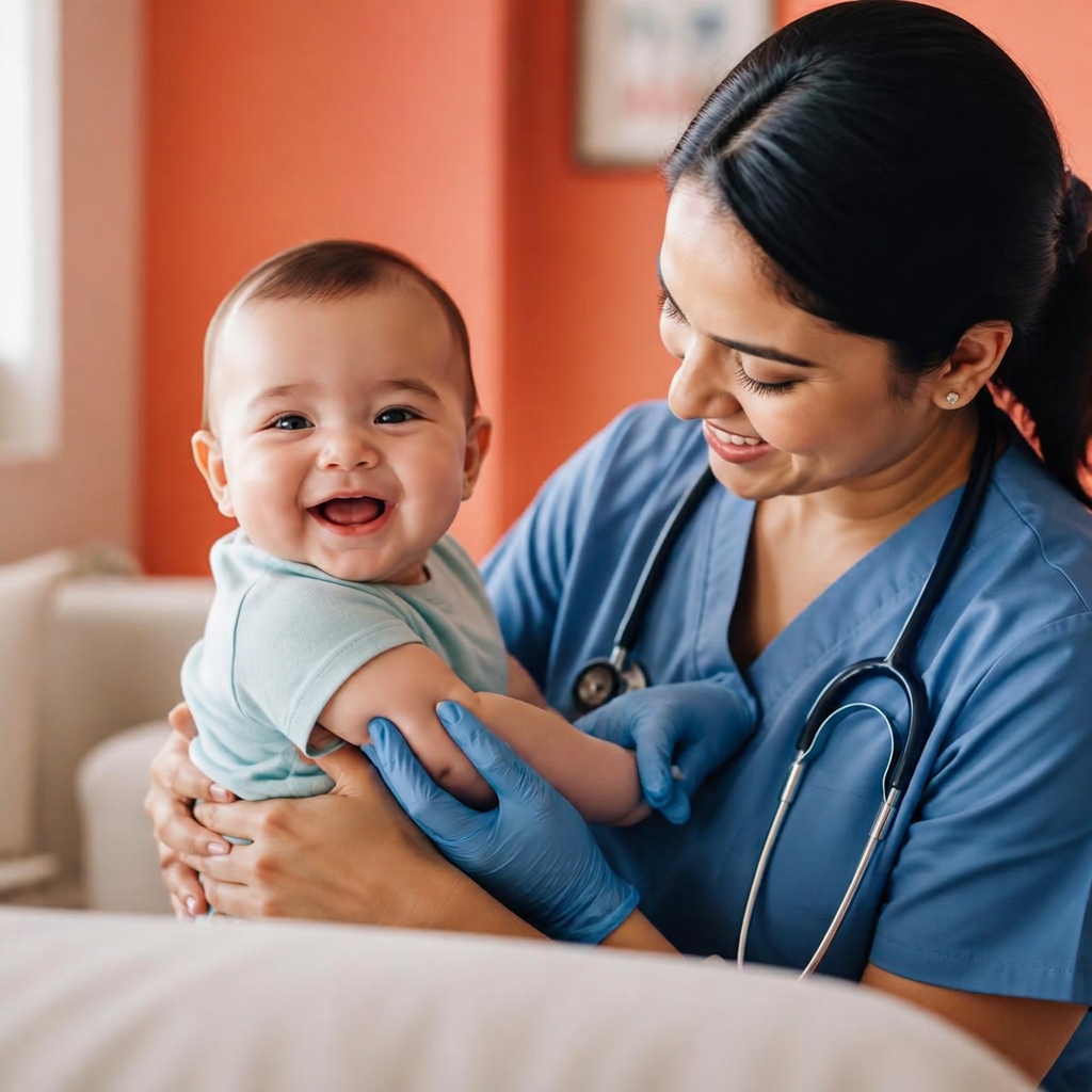 Enfermeira aplicando vacina em bebê sorridente durante atendimento domiciliar
